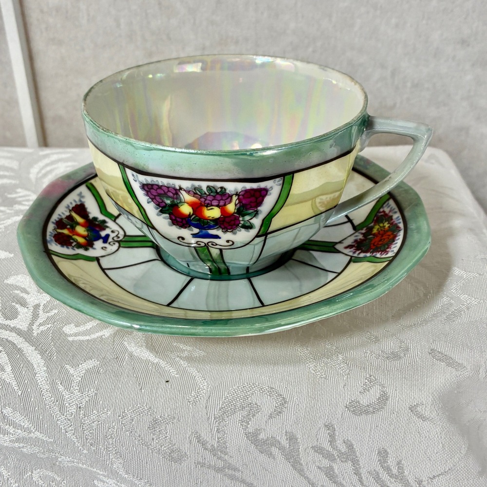 Gold Castle Chikusa Lusterware Tea Cup Saucer Hand Painted Stained Glass Fruit